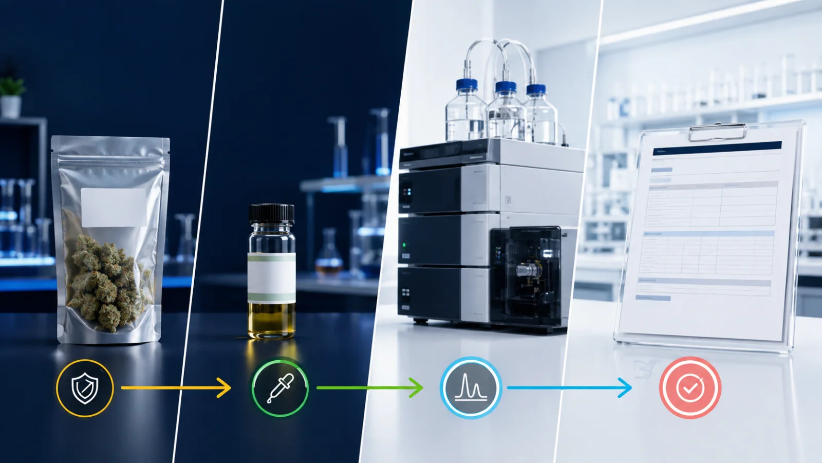 Parcours visuel d'un lot CBD vers un échantillon, un chromatographe puis un rapport d'analyse