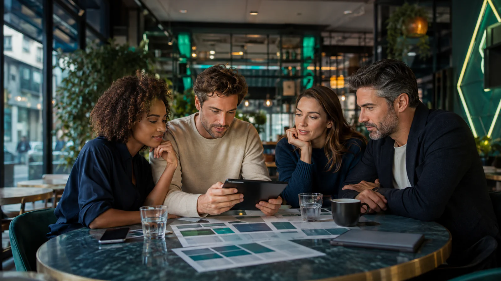 Groupe d'adultes comparant des informations produit et des documents de laboratoire sur une tablette