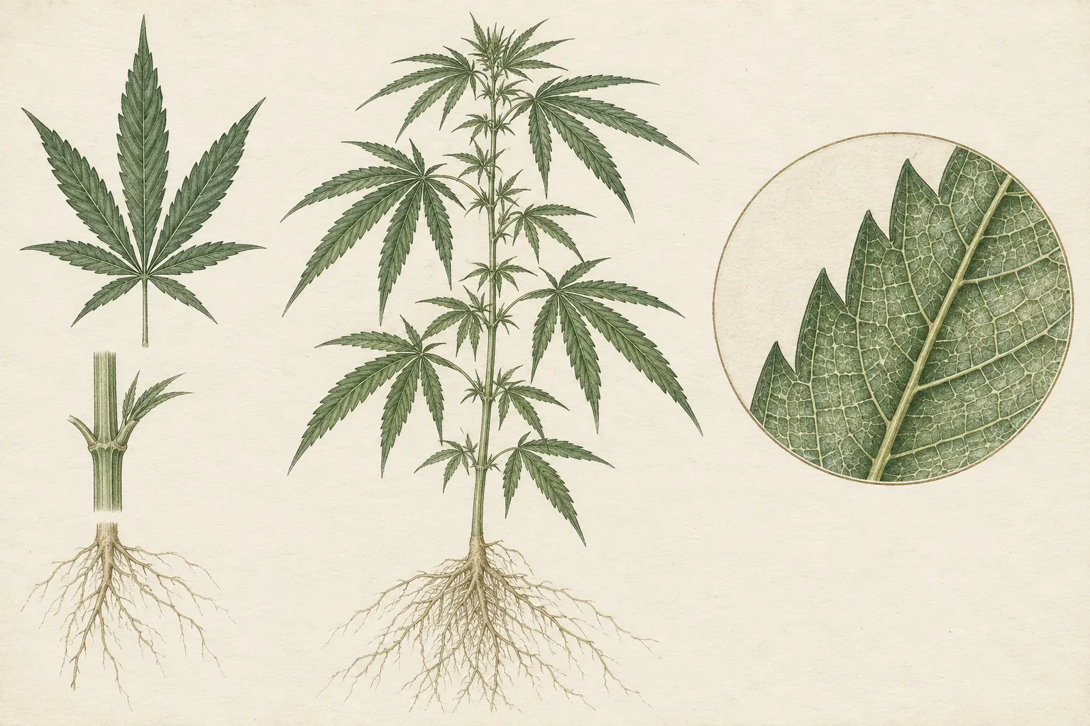 Illustration botanique du chanvre : feuilles, tige et racines.