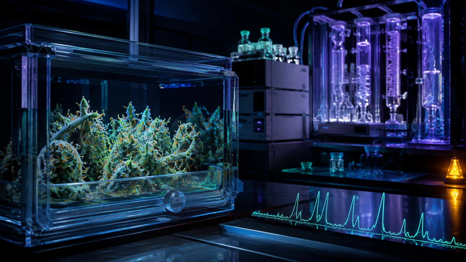 Échantillon botanique observé dans un laboratoire d'analyse des cannabinoïdes acides
