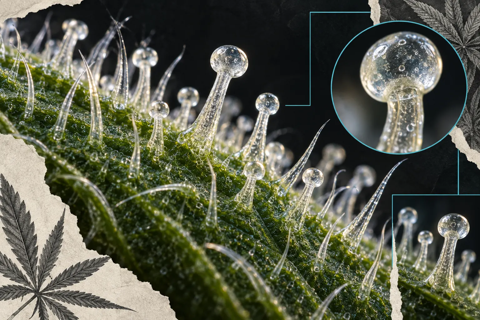 Représentation artistique de trichomes glandulaires à la surface d’une feuille.
