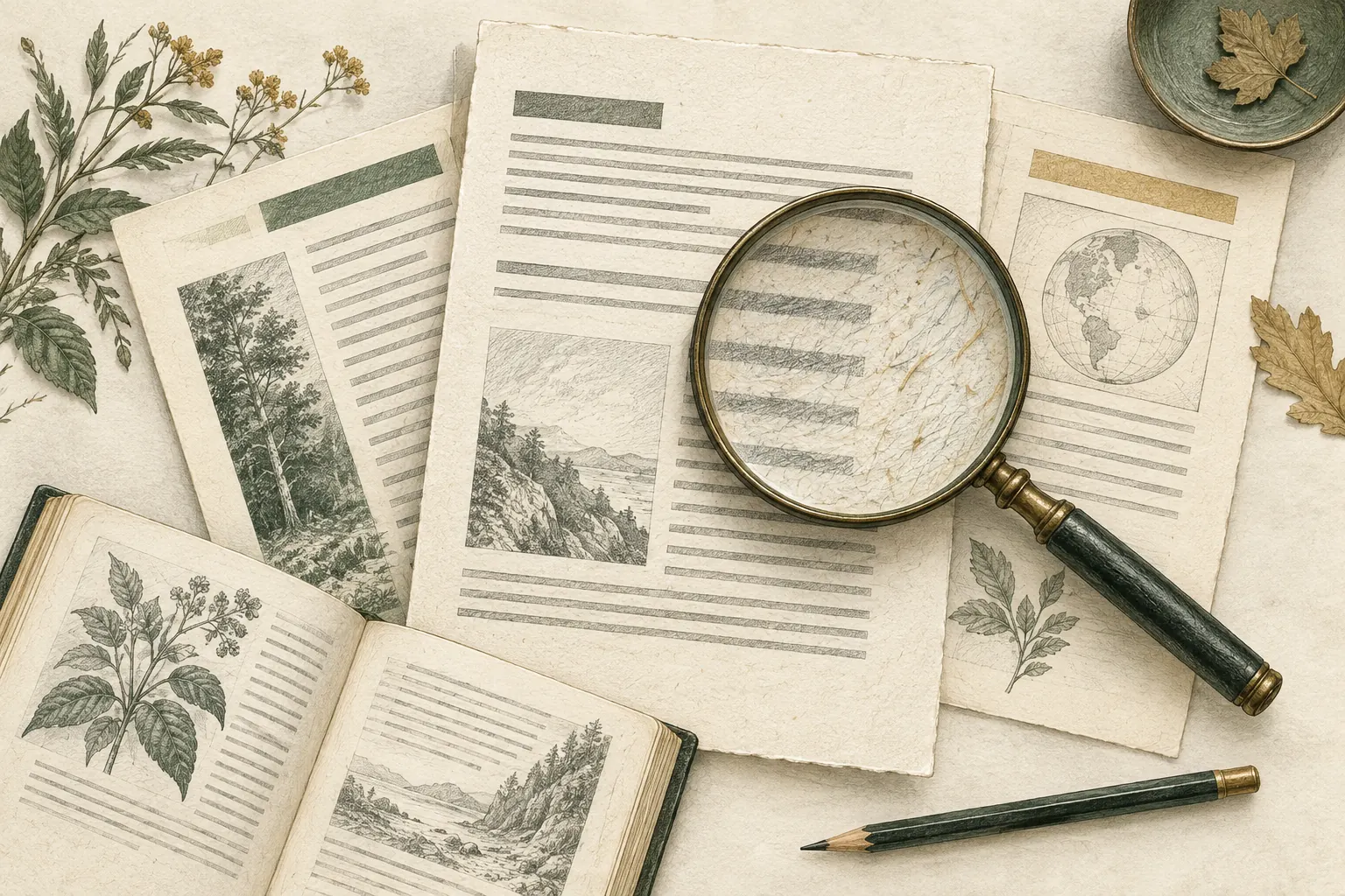 Documents et ouvrage de référence examinés à la loupe.